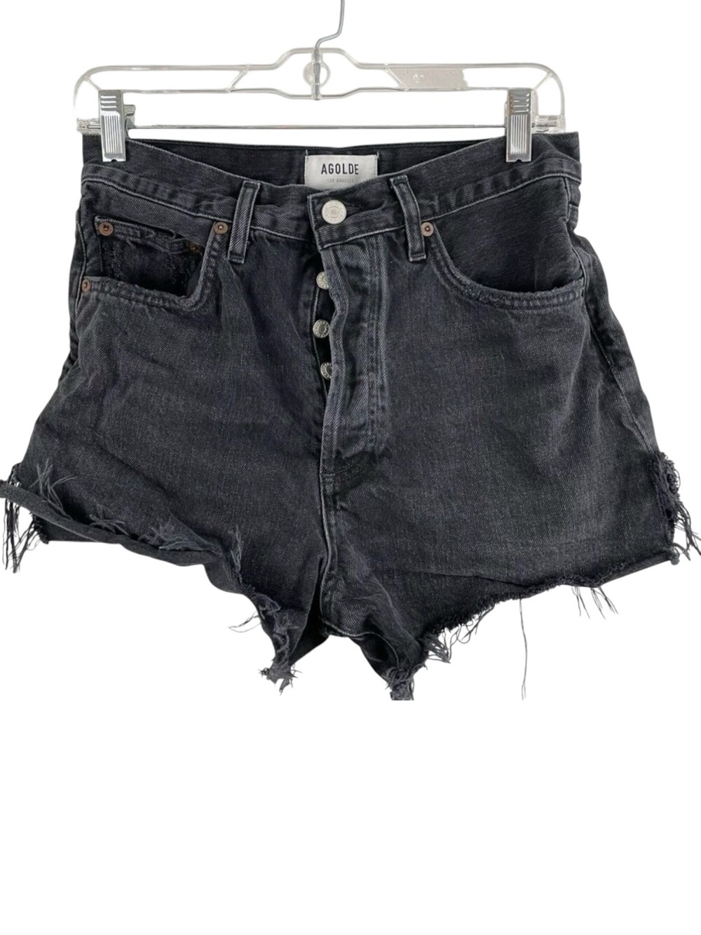 Agolde High Rise Cut Off Dee Shorts Sz 27 Black Fray Hem Denim Button Fly Slits